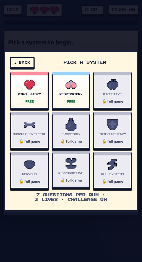 Bio Bump screen for picking a body system