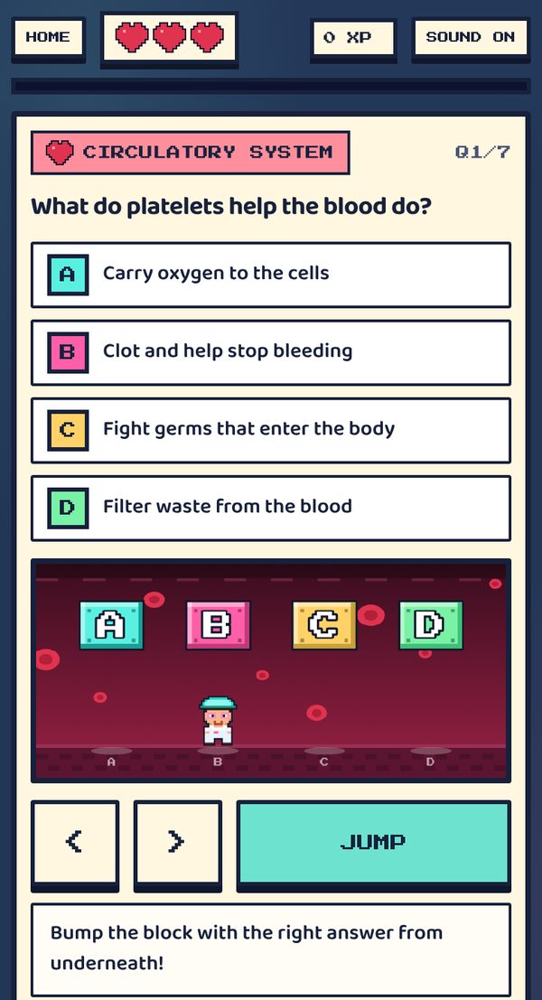Bio Bump question about the circulatory system with four answer blocks